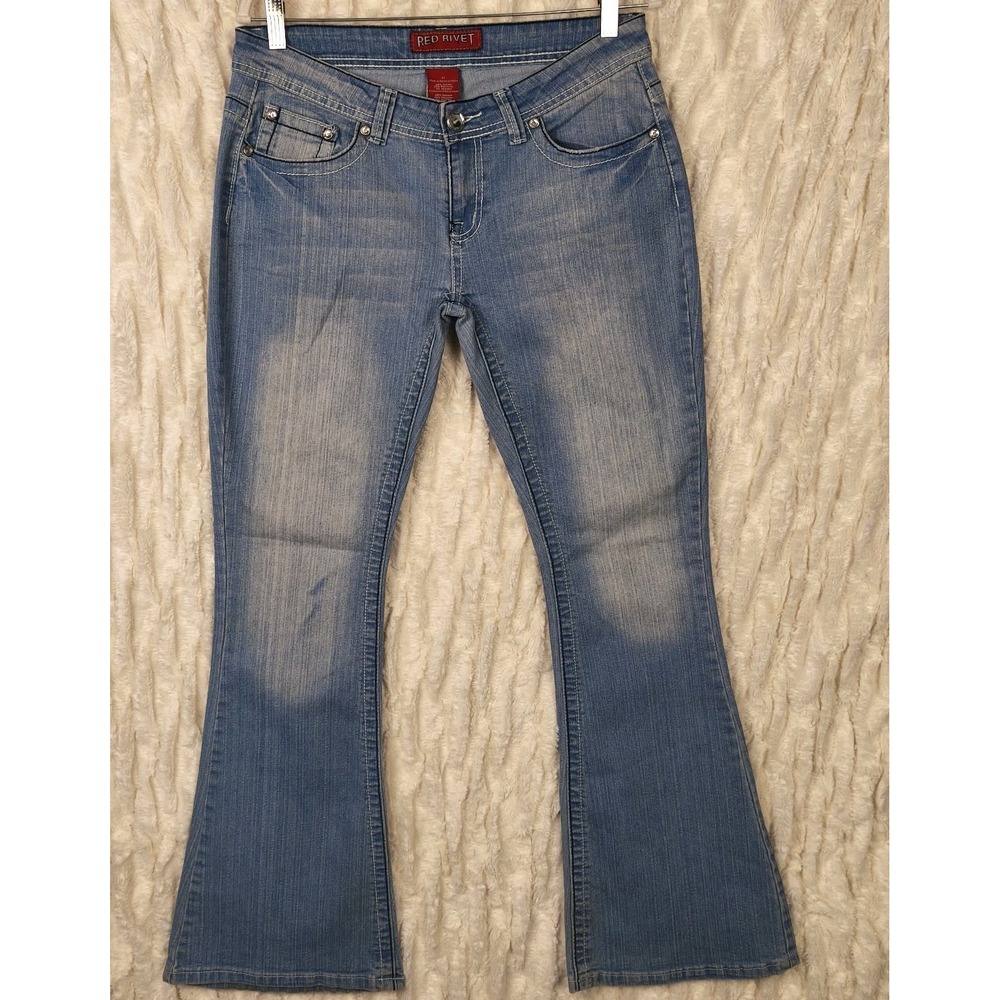 Y2K Low Rise‎ Bootcut Jeans Womens 11 Light Wash Rhinestone Wing Pockets Boho